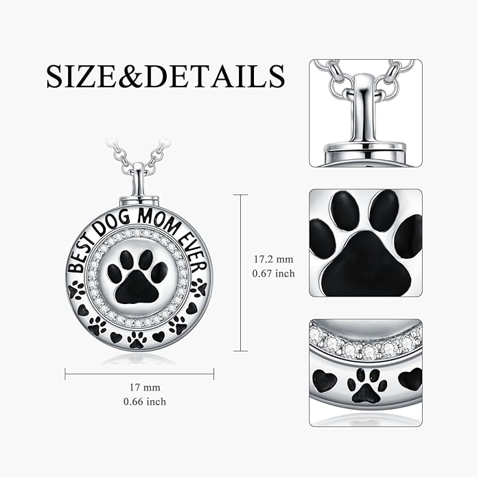 Pet Ashes Necklace 925 Sterling Silver Dog/Cat Urn Necklaces for Ashes Paw Print Pendant Pet Cremation Keepsake Memorial Jewelry for Women