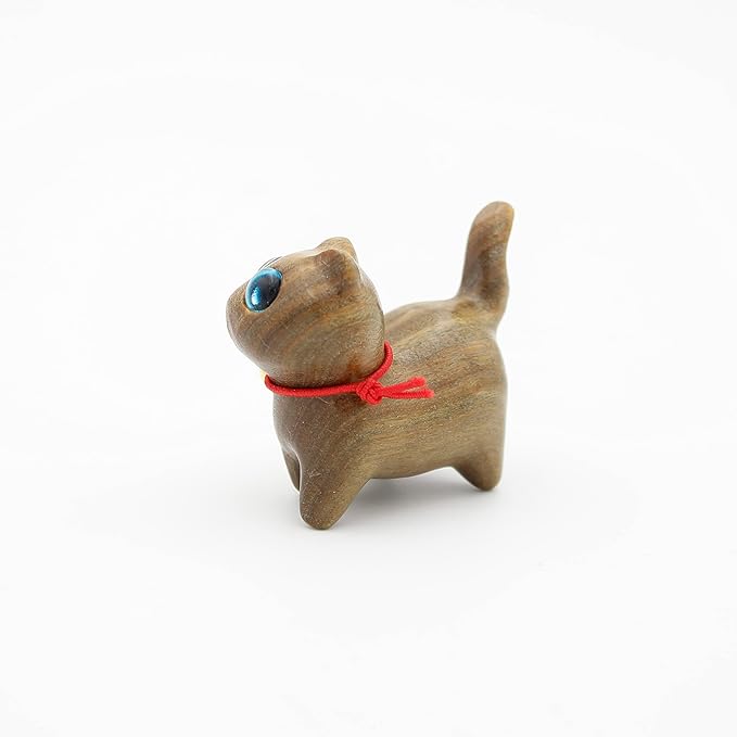 Green Sandalwood Hand Carved Wood Cat, Kitten & Treasure Cat Sandalwood Sculpture Gift & Home Decor Figurine