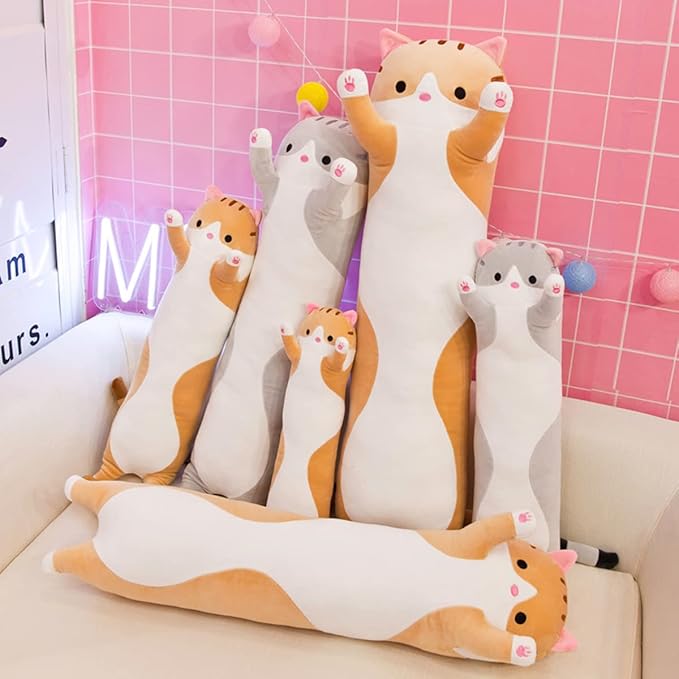 Long Yellow Cat Plush Pillow Toy Sleeping Pillow Cute Cartoon Cat Stuffed Animals Soft Long Body Pillow Gift for Kids(35.43in)