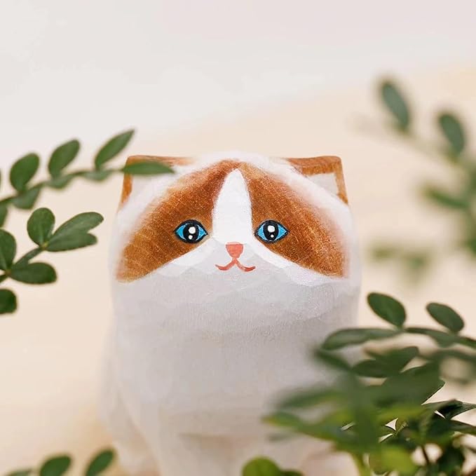 Cute Wooden Ragdoll Cat Figurine, Hand Carved Statue Crafts, Creative Home Decor, Unique Figure Collectibles Gift for Cat Lovers