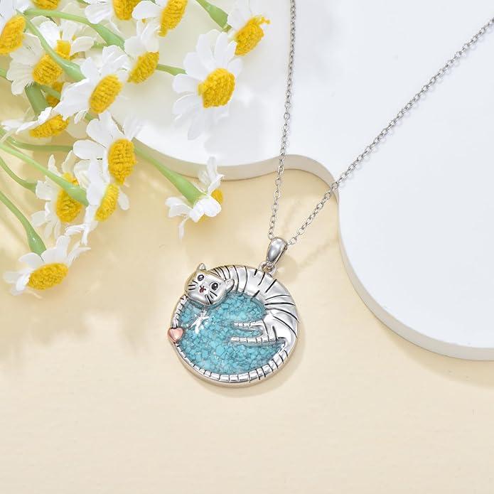 Cat Necklace for Women Turquoise Chip Cat Pendant Round Cat Necklace Jewelry Gifts for Mom Cat Lover
