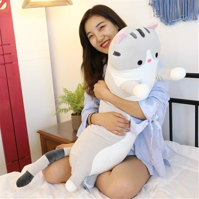 Lovely Plush Cat Doll Cute Cartoon Soft Stuffed Kitten Long Throw Sleeping Pillow Toy Gift for Kids Girlfriend Multiple Size (Grey,90cm/35.4in)