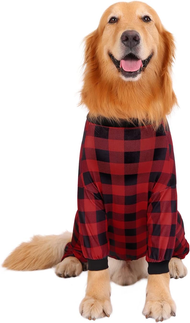HDE Dog Pajamas One Piece Jammies Jumpsuit Pet Clothes Outfit Stretchy Lightweight Comfy Shirt Pjs for M-3XL Dogs Buffalo Plaid - 3XL