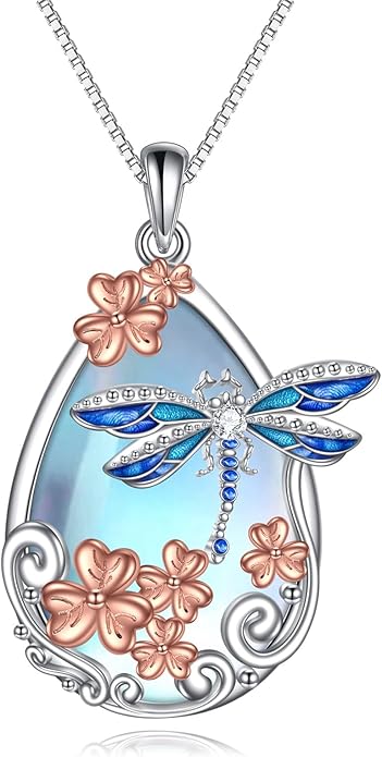 KQF Dragonfly/Butterlfy/Cat/Jellyfish/Bunny/Axolotl/Bee/Mermaid/Hummingbird/Elephant Necklace for Women Sterling Silver Moonstone Pendant Necklace Dragonfly Jewelry Gifts for Women