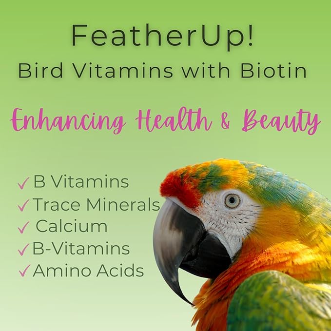 FeatherUp! Bird Vitamins with Biotin for Beautiful Plumage - Feather Growth Supplements for Parrots - 90 gm - 240 Servings