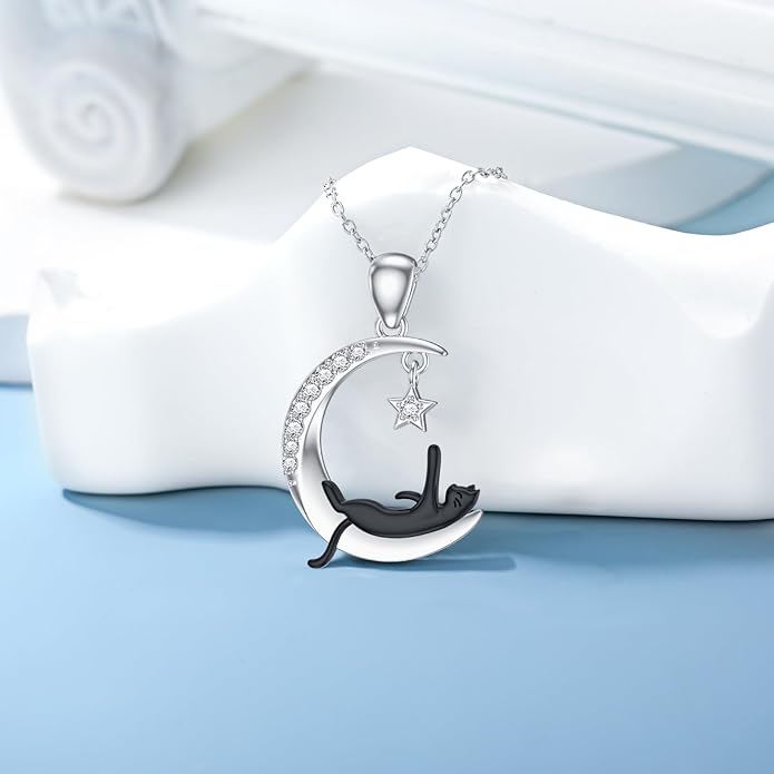 Diamond Moon and Cat Necklace for Women 925 Sterling Silver Black Cat on the Moon Pendant with Lab Grown Diamonds Jewelry Gifts