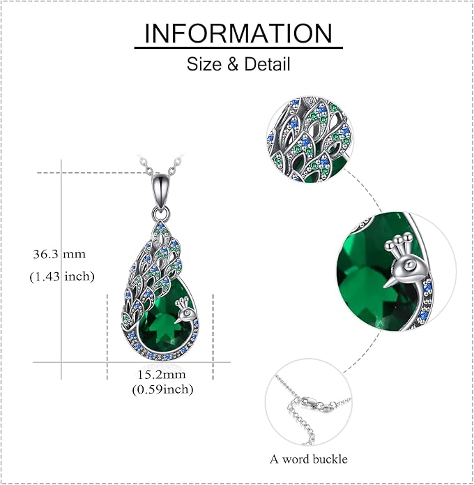 Sterling Silver Blue Opal Turquoise Peacock Pendant Necklace - Peacock Jewelry Gifts for Women