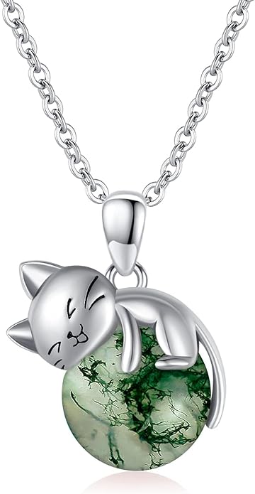 Natural Gemstone Cat Necklace for Women 925 Sterling Silver Cute Kitten Pendant with Genuine Turquoise/Rose Quartz/Amethyst/Larimar/Labradorite/Moss Agate/Blue Sandstone Jewelry Gifts