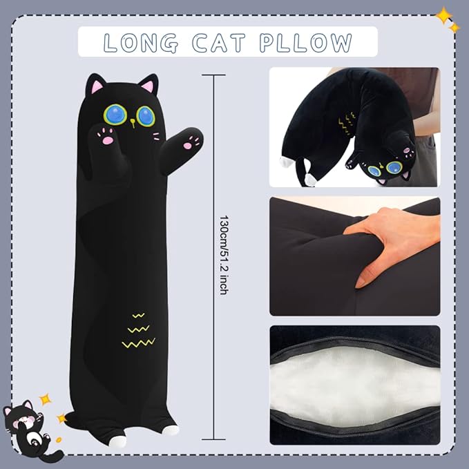 Cat Plush Body Pillow, 51.2 inch Long Cat Pillow Cute Stuffed Animals Soft Plushies Doll Toys Kawaii Gift for Kids Girlfriend