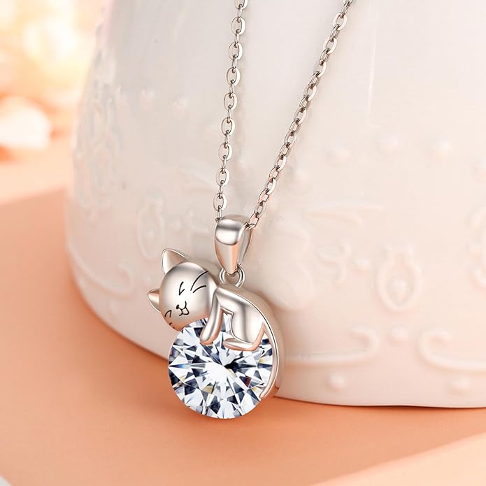 LONAGO Cat Necklace with Birthstone 925 Sterling Silver Cat Pendant Necklace Gift for Women