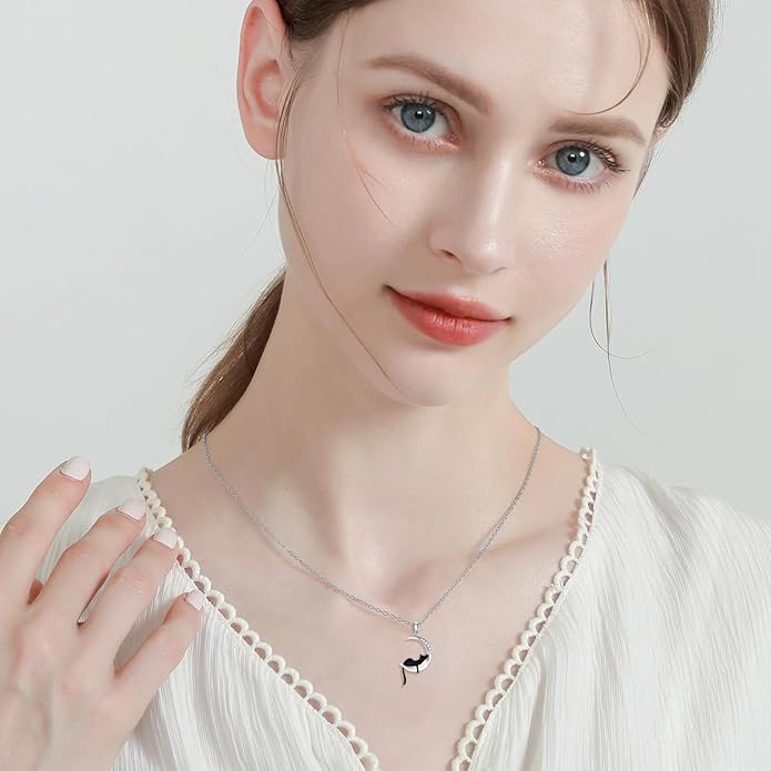 Diamond Black Cat/Red Panda/Sloth/Deer/Unicorn Necklace for Women 925 Sterling Silver Sleeping Animal and Moon Pendant with Lab Grown Diamonds Jewelry Gifts