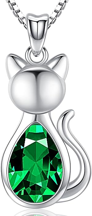 Odinstone Cat Birthstone Necklaces Jewelry Sterling Silver Cat Pendant Necklace Gift for Women Gifts, 18'' Silver Box Chain Women's Birthstone Crystal Cat Jewelry Gifts