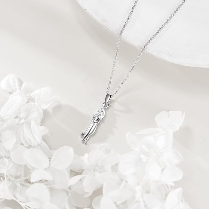 Cat Necklace Sterling Silver Cat Pendnat with Rose Quartz Pearl Jewelry Gifts for Women Cat Lovers