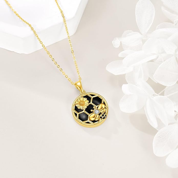 LUHE Bee Necklace 925 Sterling Silver Honeycomb Cute Flower Pendant Necklaces for Women Gifts for Her Women