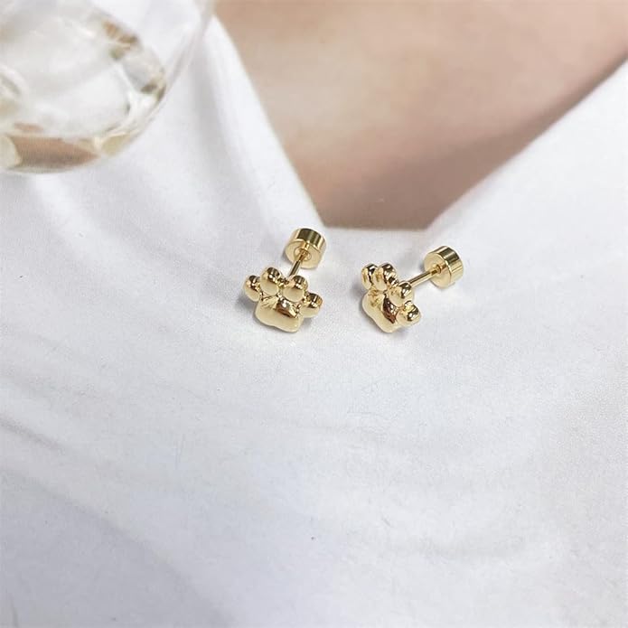 Cute 20g Paw Dog Cat Print Screw Flat Back Small Stud Earrings for Women Teen Girls Simple Stainless Steel Silver Gold Plated Animal Cartilage Tragus Piercing Little Studs Hypoallergenic Fashion Jewelry Birthday Gift