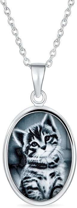 Personalized Custom Engraved Holds Picture Vintage Antique Style Simulated Black White Onyx Sitting Kitten Oval Cat Cameo Photo Locket Pendant Necklace For Women Teen .925 Sterling Silver