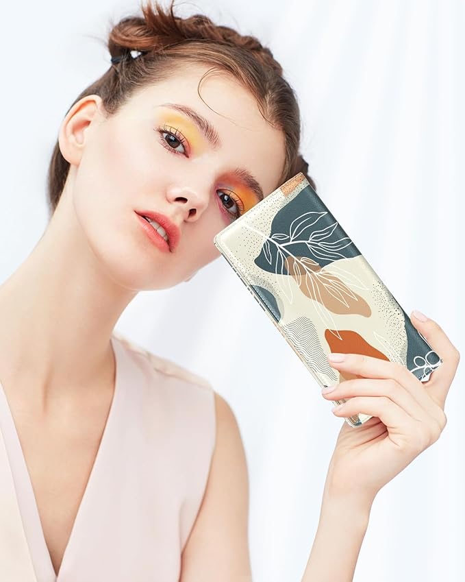 Nipichsha Womens Wallet, RFID Slim Wallets for Women, Thin Ladies Credit Card Holder Purse, Cute Leather Bifold Clutch Billfold with 11 Card Slots & ID Window, Abstract Boho Leaf