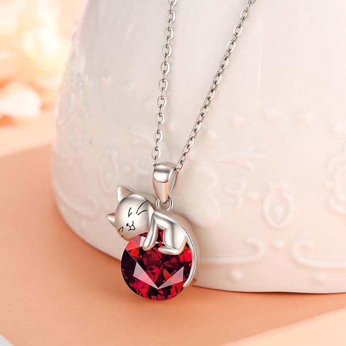 LONAGO Cat Necklace with Birthstone 925 Sterling Silver Cat Pendant Necklace Gift for Women
