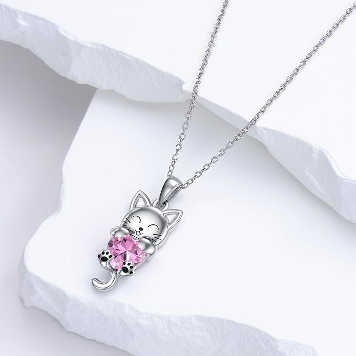LONAGO Cat Necklace with Heart Birthstone Cat Pendant Necklace Sterling Silver Gifts for Women