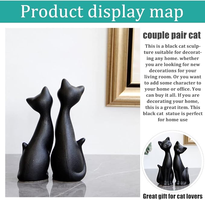 QIANLING 2Pcs Black Cat Statue, Home Decor Mini Cat Figurines, Room Decor Matt Ceramic Small Cat Figurine, Give Cat Figurines for Cat Lovers,Ideal for Interior Decoration Or Couples, Wedding Gifts