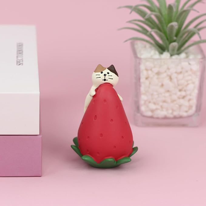 Cute Miniature Cat Figurine Resting on a Strawberry Resin Mini Cat Figures, Kitten Miniature Desk Accessories - Perfect Cute Cat Gift for Cat Lovers