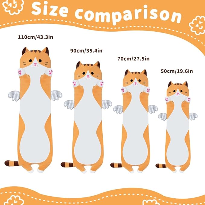Long Plush Cat Pillow, Cute Plush Cat Toy Doll, Stuffed Animal Cat, Hugging Pillow for Sleeping, Gift for Kids and Girls (Yellow, 70cm/27.5in)