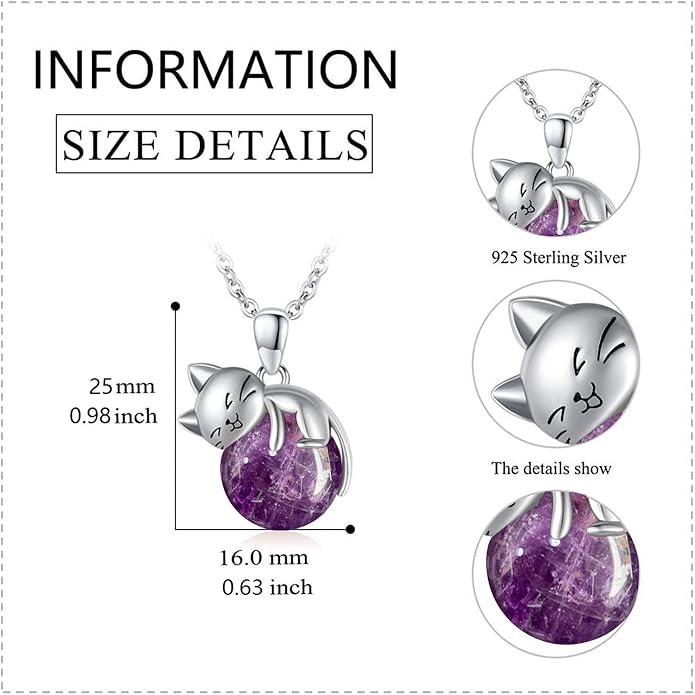 Natural Gemstone Cat Necklace for Women 925 Sterling Silver Cute Kitten Pendant with Genuine Turquoise/Rose Quartz/Amethyst/Larimar/Labradorite/Moss Agate/Blue Sandstone Jewelry Gifts