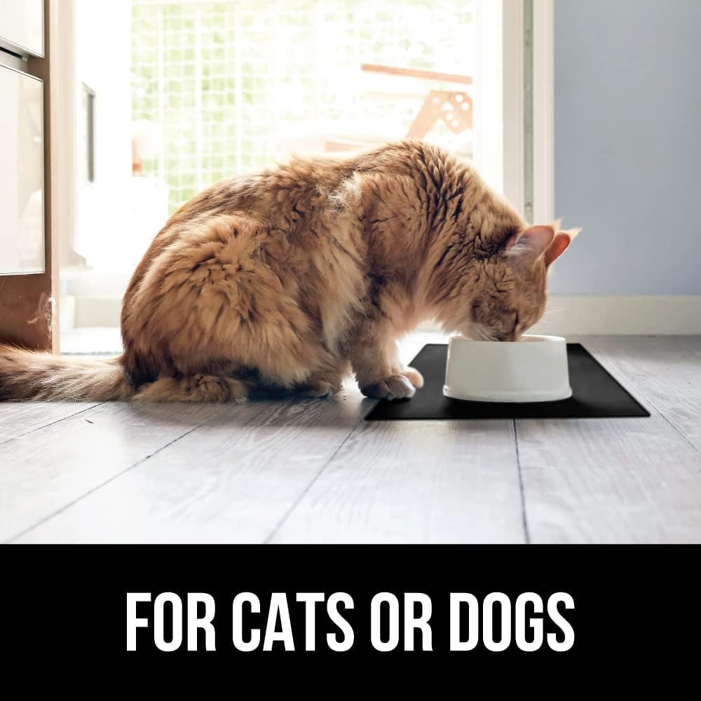 GORILLA GRIP 100% Waterproof Raised Edge BPA Free Silicone Pet Feeding Mat, Dog Cat Food Mats Contain Spills Protects Floors, Placemats for Cats and Dogs Water Bowl, Pets Accessories 23x15 Black