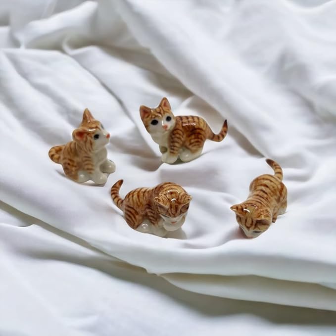 WitnyStore Tiny 1⅝" Long Brown White Tabby Shorthair Cat Crouching Figurine - Miniature Hand Made Painted Ceramic Cats Kitten Feline Animal Cute Porcelain Decorative Collectible Figures Décor Gifts