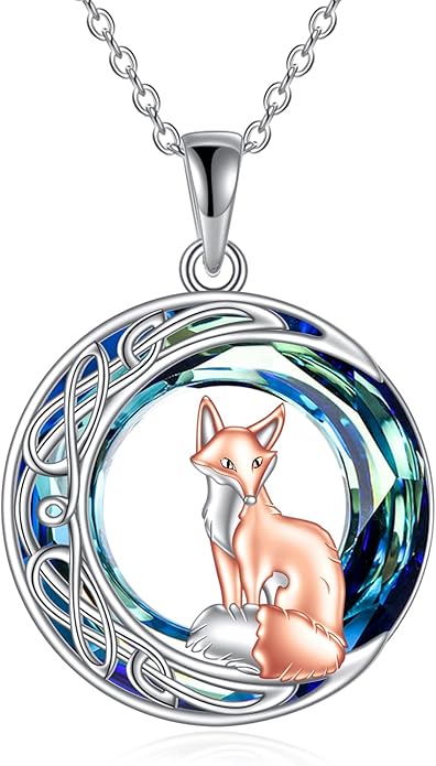 925 Sterling Silver Celtic Crescent Moon Animal Necklace for Women Fox/Black Cat/Hummingbird Crystal/Abalone Shell Pendant Jewelry Gift for Mom Daughter