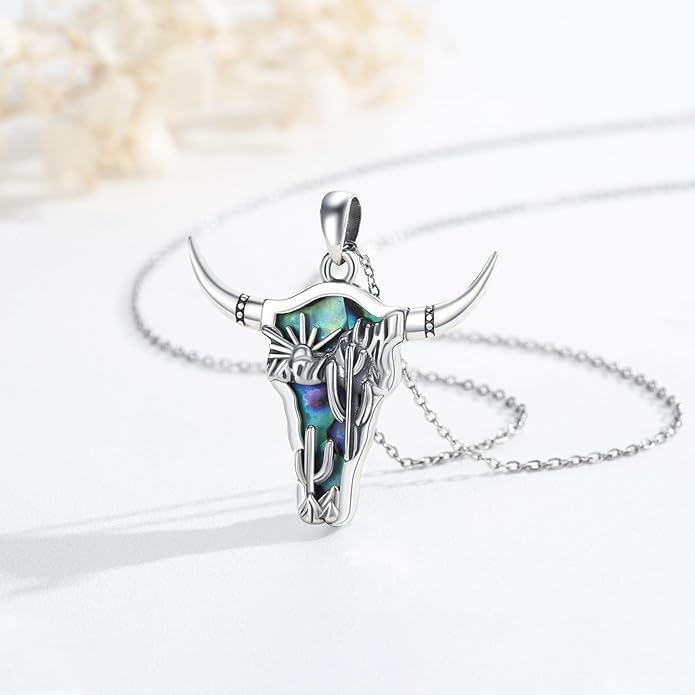 Midir&Etain Western Necklace 925 Sterling Silver Turquoise Pendant Cow Skull/Hat/Tag/Cactus Cowgirl Country Jewelry for Women Men
