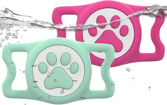 IP68 Waterpoof Dog Airtag Holder, Stretchy Silicone Full Body Covered Apple Air Tag Holder for Dog Cat Collar Fit All Width Collar (Green/Rose, 2 Pack)