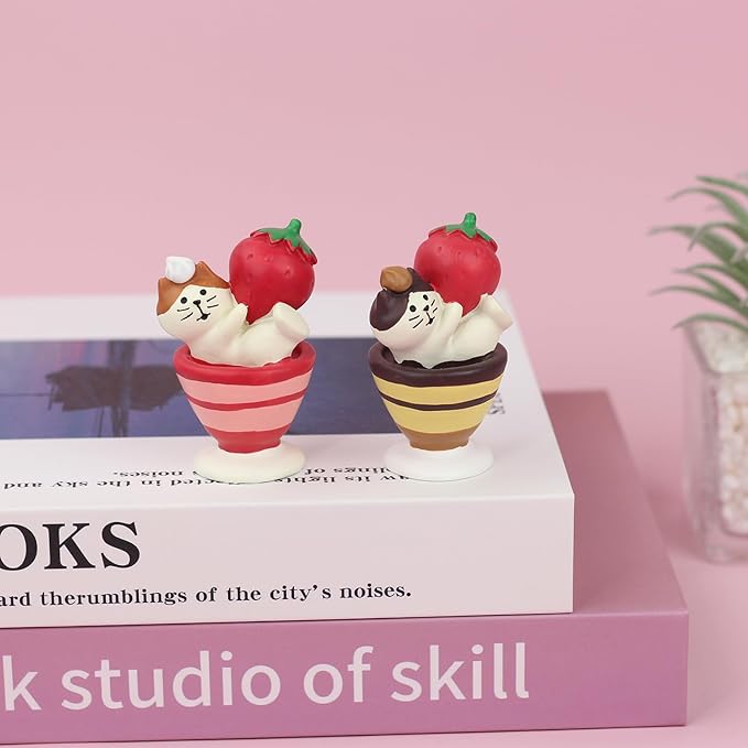 Cute Miniature Cat Figurine Holding a Strawberry on a Cup Resin Mini Cat Figures, Kitten Miniature Desk Accessories - Perfect Cute Cat Gift for Cat Lovers