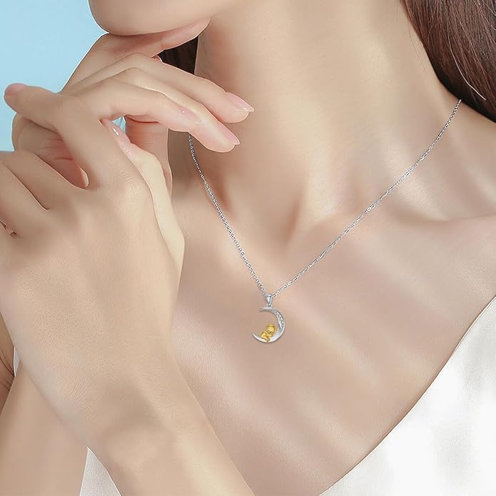 Diamond Black Cat/Red Panda/Sloth/Deer/Unicorn Necklace for Women 925 Sterling Silver Sleeping Animal and Moon Pendant with Lab Grown Diamonds Jewelry Gifts