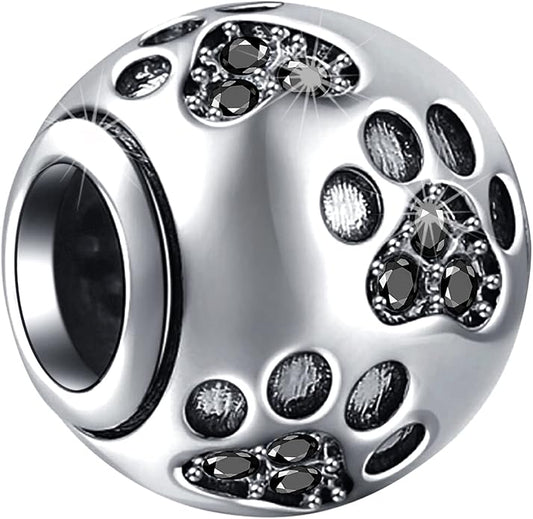 EMOSTAR Dog Paw Print Charms with Various Birthstone Crystals, 925 Sterling Silver Pawprint Beads for 3mm Snake Chain, Pet Lover Gifts for European Women Bracelet