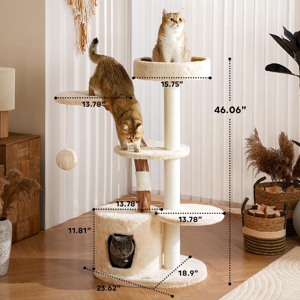 Unique Cat Tree for Indoor Cats,46‘’ Luxury Multifunctional Cat Tower with Natural Wood Scratching Post,Fur Cat Hammock and Viewing Platform,Funny Toy,Comfortable Cat Condo with Stable Cat Base