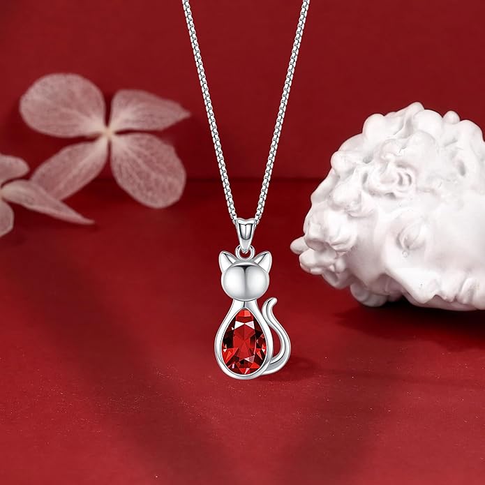 Odinstone Cat Birthstone Necklaces Jewelry Sterling Silver Cat Pendant Necklace Gift for Women Gifts, 18'' Silver Box Chain Women's Birthstone Crystal Cat Jewelry Gifts