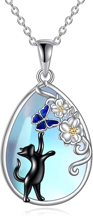 KQF Cat/Dragonfly/Owl/Angel Wings Necklace for Women Sterling Silver Moonstone Pendant Necklaces Animal Jewelry Mother'S Day Gifts for Cat Lover Teen