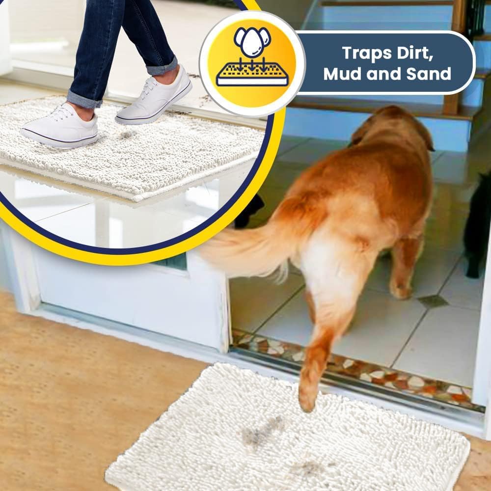 Muddy Mat® AS-SEEN-ON-TV Highly Absorbent Microfiber Door Mat and Pet Rug, Non Slip Thick Washable Area and Bath Mat Soft Chenille for Kitchen Bathroom Bedroom Indoor and Outdoor - White 24" x 72"