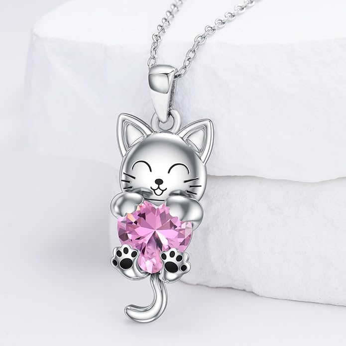 LONAGO Cat Necklace with Heart Birthstone Cat Pendant Necklace Sterling Silver Gifts for Women