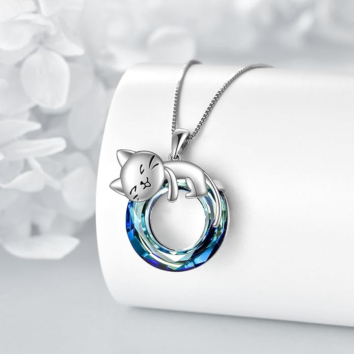 Cat Necklace Sterling Silver Cat Pendnat with Rose Quartz Pearl Jewelry Gifts for Women Cat Lovers