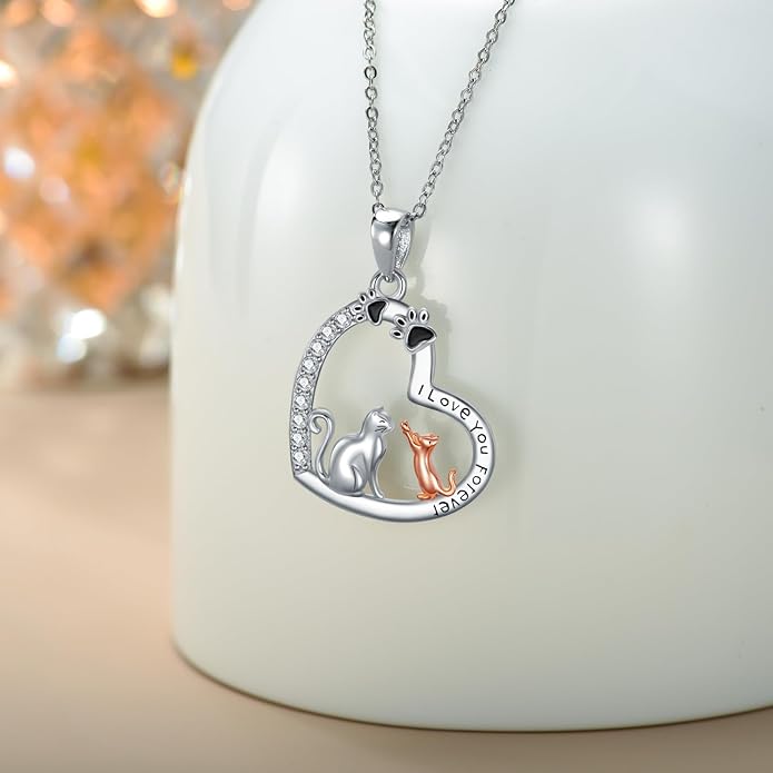 Cat Necklace 925 Sterling Silver Cat Pendant Necklace Cute Animal Jewelry Gift for Women Mother Grandma