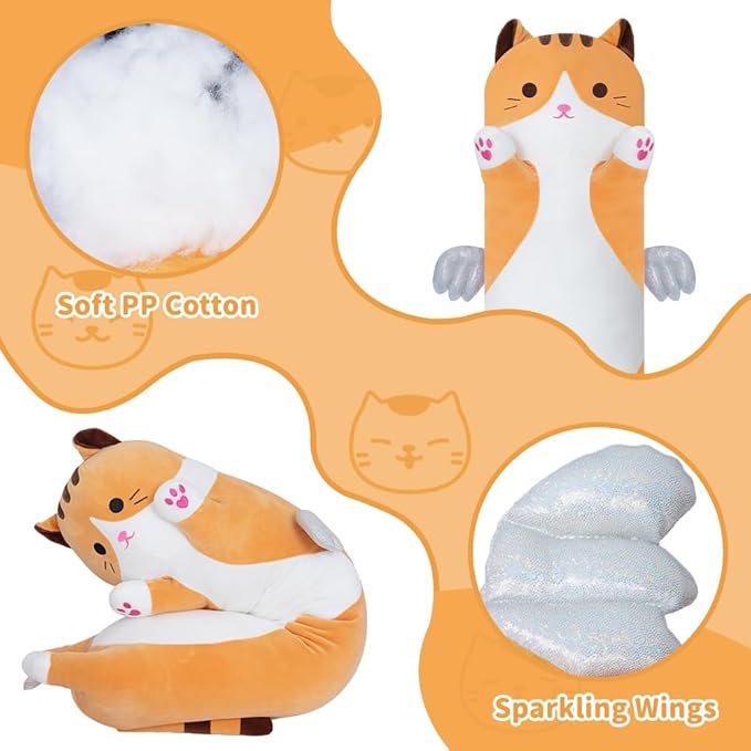 Cute Cat Plush Pillow, Yellow Long Cat Stuffed Animals Soft Long Kitten Plushies Kawaii Cat Stuffed Plush Toy for Kids Girlfriend(50cm/19.6inch)