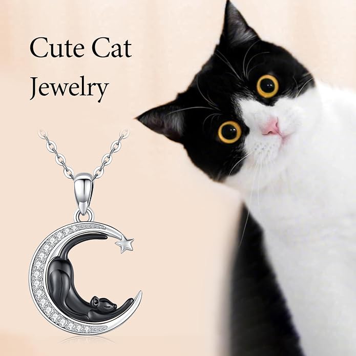 Odinstone Cat Necklace, S925 Sterling Silver Cat on Moon Pendant with Cubic Zirconia, Cat Jewelry Mothers Day Gifts for Mum with Gift Package - I Love You Forever