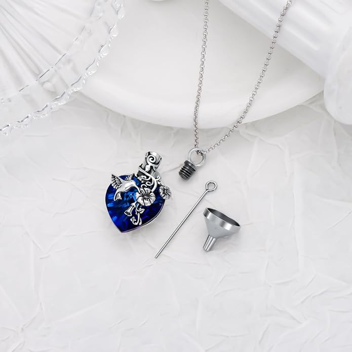 Animal Crystal Urn Necklace For Ashes Sterling Silver Butterfly Dragonfly Bee Phoenix Peacock Hummingbird Fox Angel Wing Pentagram Pentacle Cremation Necklace Heart Teardrop Urn Holder Necklaces For Women Memorial Jewelry