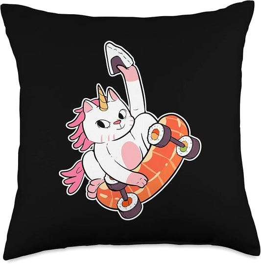 Skater Unicorn Sushi Cat Skateboard Anime Figure Fingerboard Throw Pillow