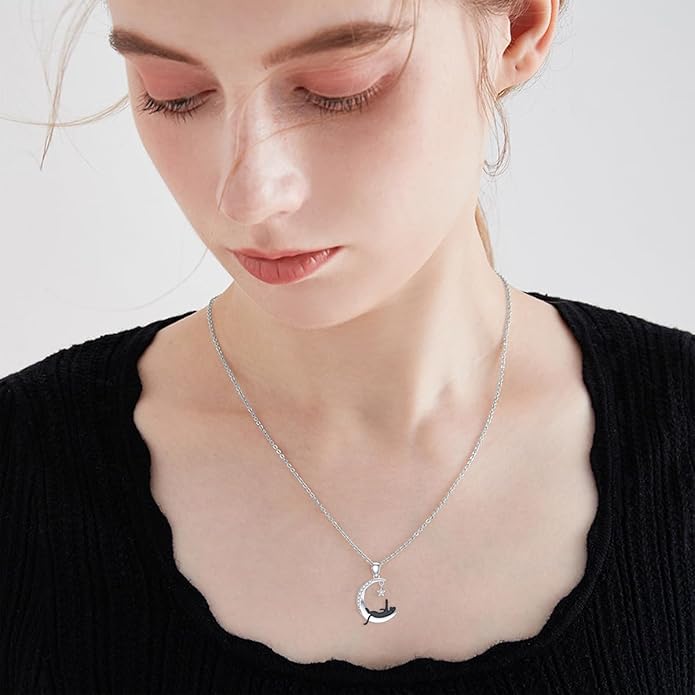 Diamond Moon and Cat Necklace for Women 925 Sterling Silver Black Cat on the Moon Pendant with Lab Grown Diamonds Jewelry Gifts