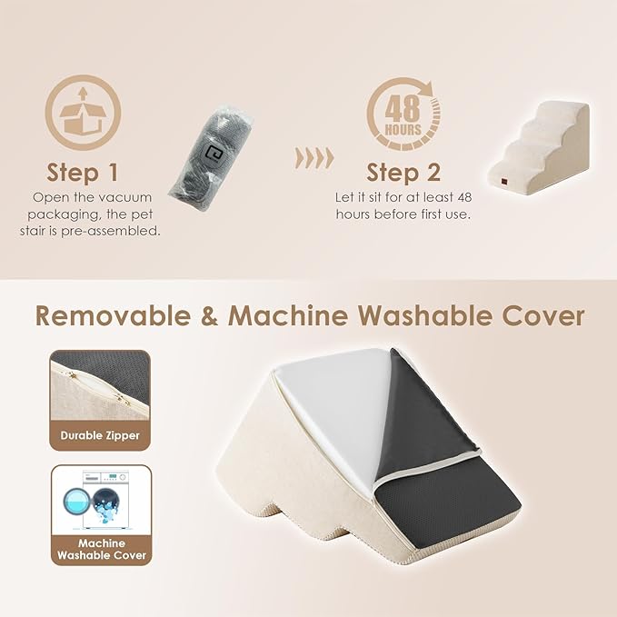 EHEYCIGA Curved Dog Stairs Ramp for High Beds 19.7" H, 4-Step Dog Steps for Small Dogs and Cats, Pet Stairs for High Bed Climbing, Non-Slip Balanced Pet Step Indoor, Beige