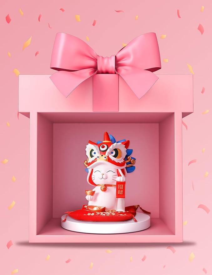 Lucky Cat Waving Arm Resin Statue, 11x7.1x6.3in Maneki Neko Fortune Cat Coin Bank Chinese Lion Dance Figurine for Store Opening Home Office Desk Decor White Waving Cat Ornament