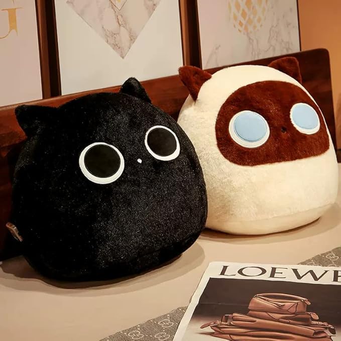 ARELUX 15.7 inch Round Black Cat Plush Pillow Stuffed Animal Cute Plush Toy Squishy Anime Round Black Cat Plushie Fluffy Kawaii Soft Hugging Pillow for Kids Boys Girls